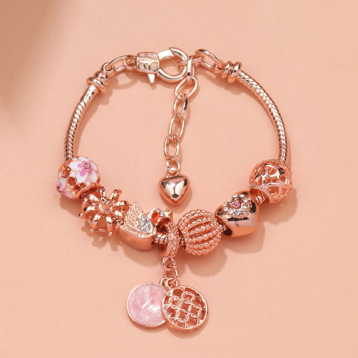 Hollow Crystal-Encrusted Swan Crown Flower Heart Bracelet(rose gold,19cm)