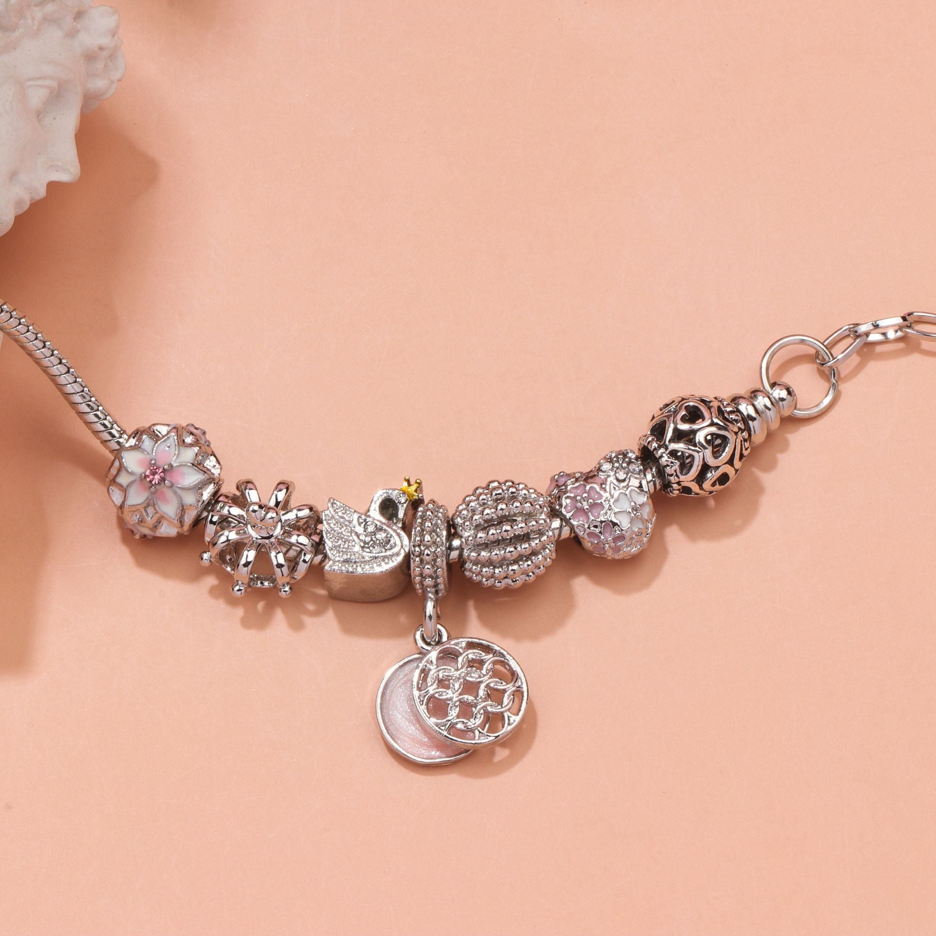 Hollow Crystal-Encrusted Swan Crown Flower Heart Bracelet(silver,17cm)