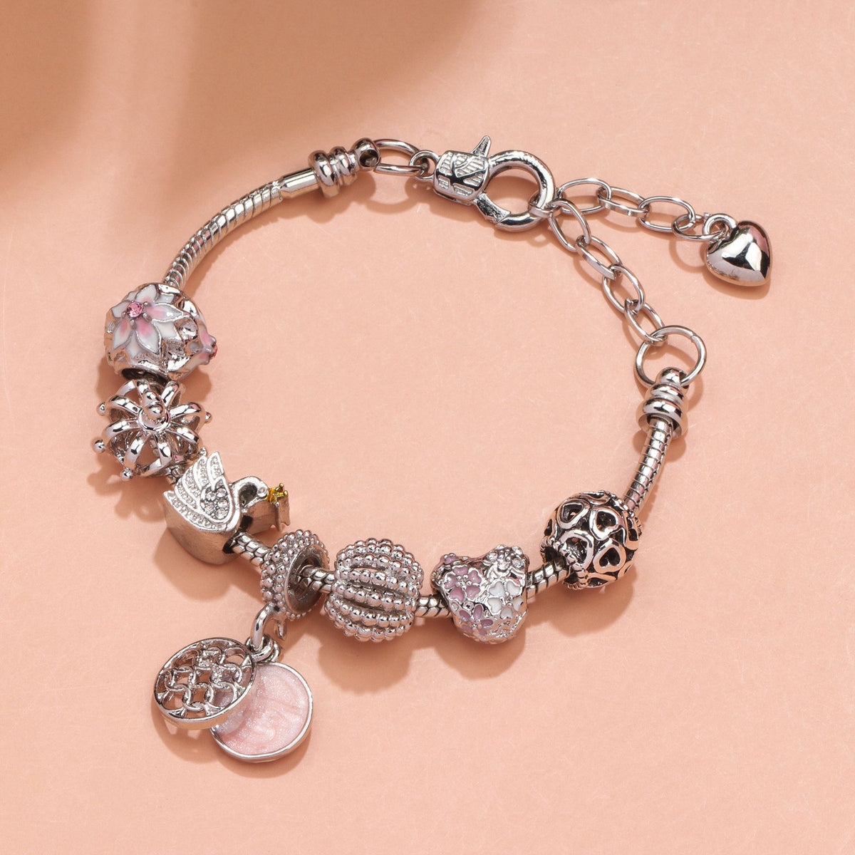 Hollow Crystal-Encrusted Swan Crown Flower Heart Bracelet(silver,17cm)