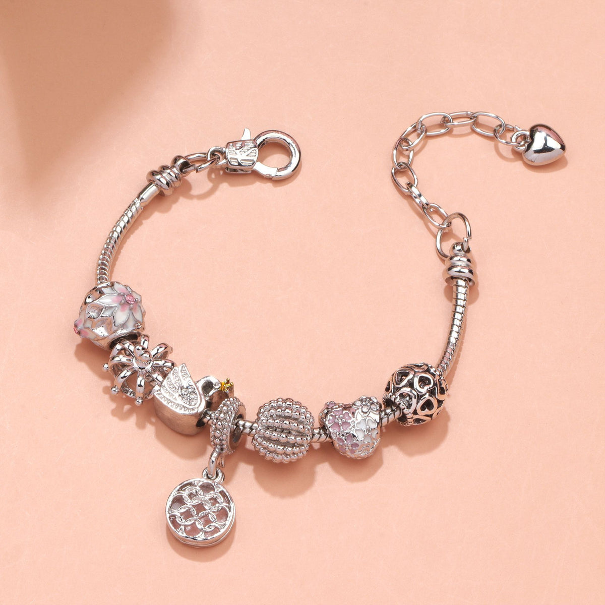 Hollow Crystal-Encrusted Swan Crown Flower Heart Bracelet(silver,20cm)