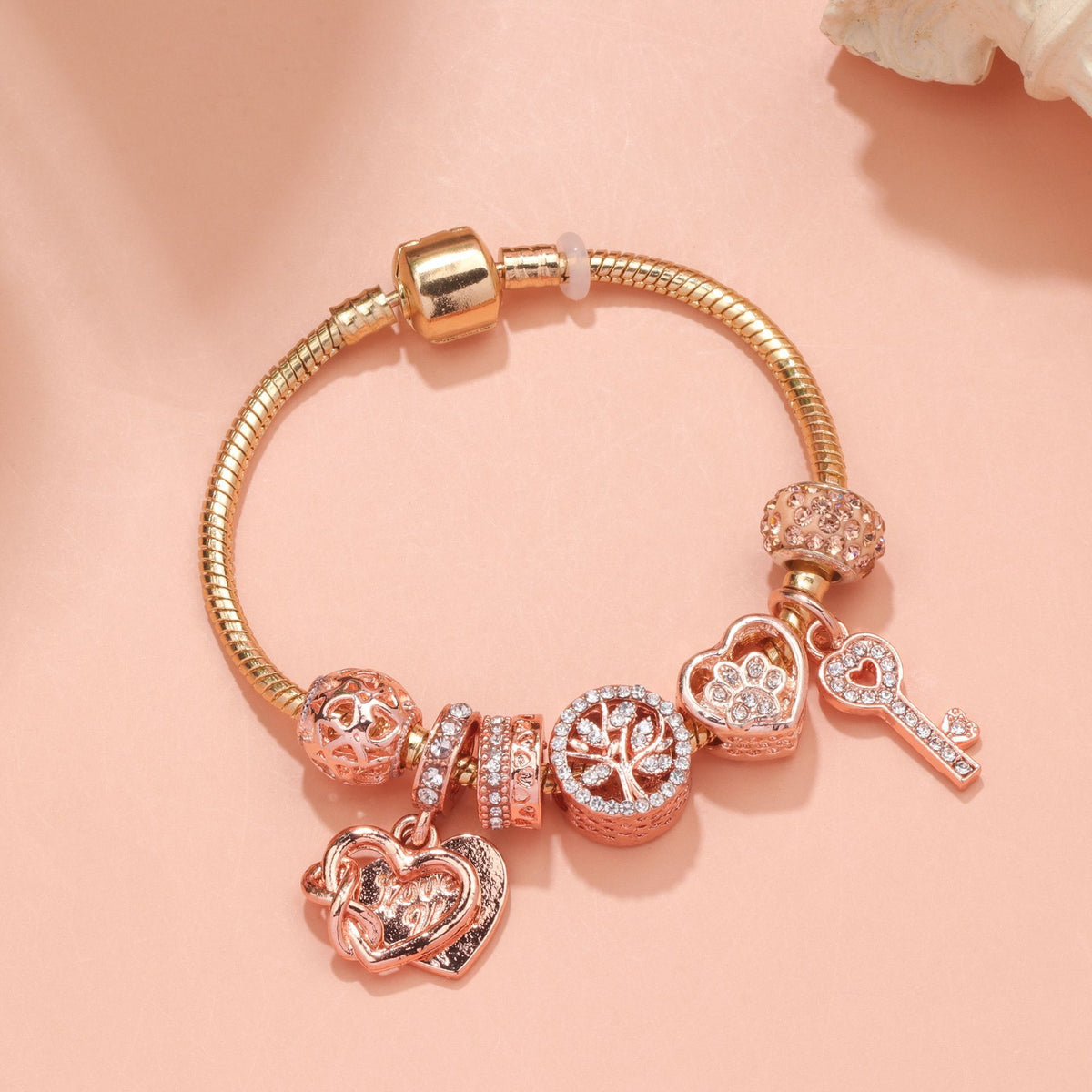 Crystal-studded Hollow Heart Key Tree of Life Bracelet(rose gold,18cm)