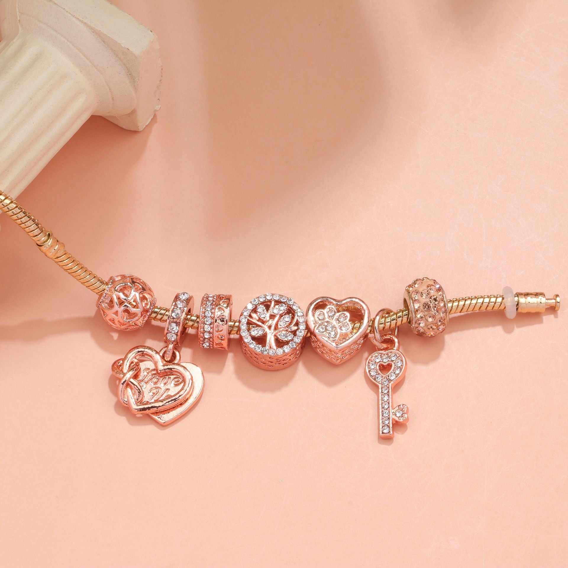 Crystal-studded Hollow Heart Key Tree of Life Bracelet(rose gold,20cm)
