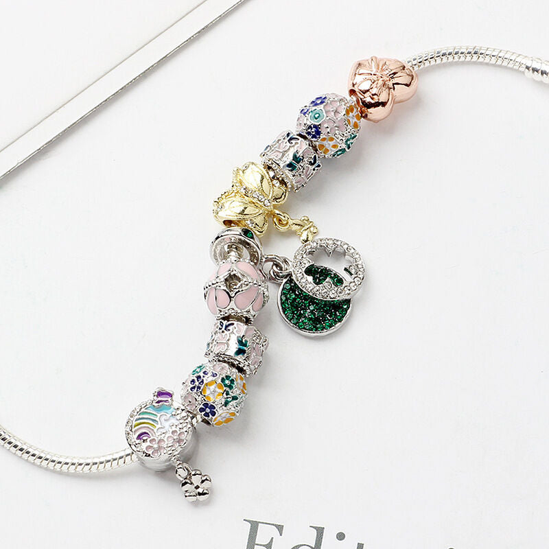 Rhinestone Inlaid Pastoral Style Butterfly Wreath Clover Pendant Bracelet(19cm)