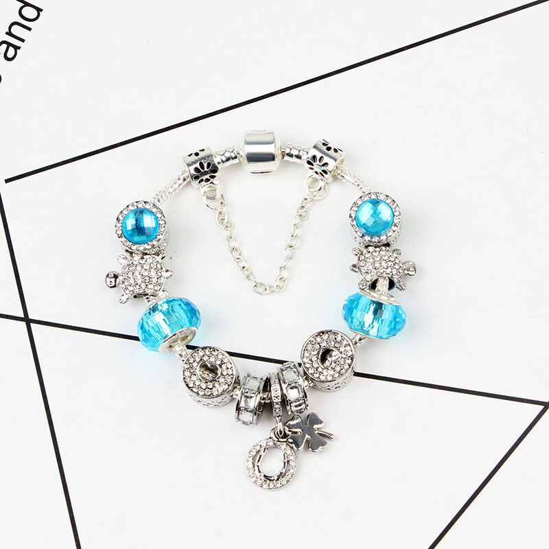 Charm Bracelet with Tortoise, Heart, Clover Pendant(Blue,20cm)
