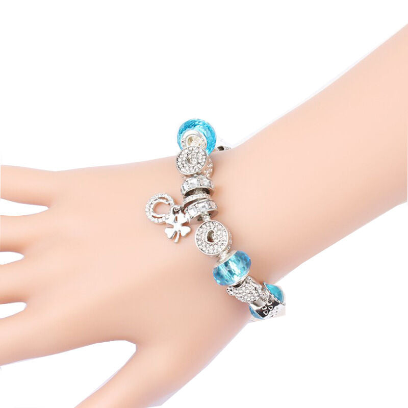 Charm Bracelet with Tortoise, Heart, Clover Pendant(Blue,20cm)