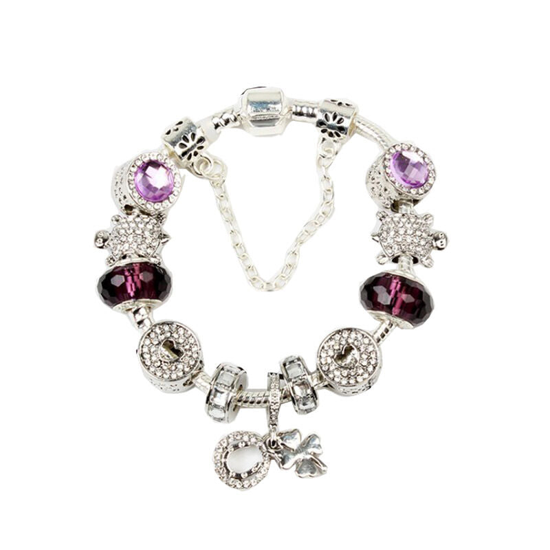 Charm Bracelet with Tortoise, Heart, Clover Pendant(Purple,19cm)