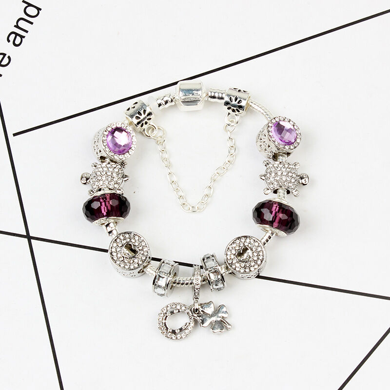 Charm Bracelet with Tortoise, Heart, Clover Pendant(Purple,19cm)