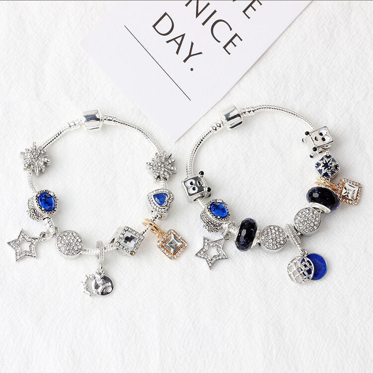 Fashion Charm Bracelet with Snowflake, Crystal, Rhinestone Beads & Hollow Star Zircon Pendant(18cm)