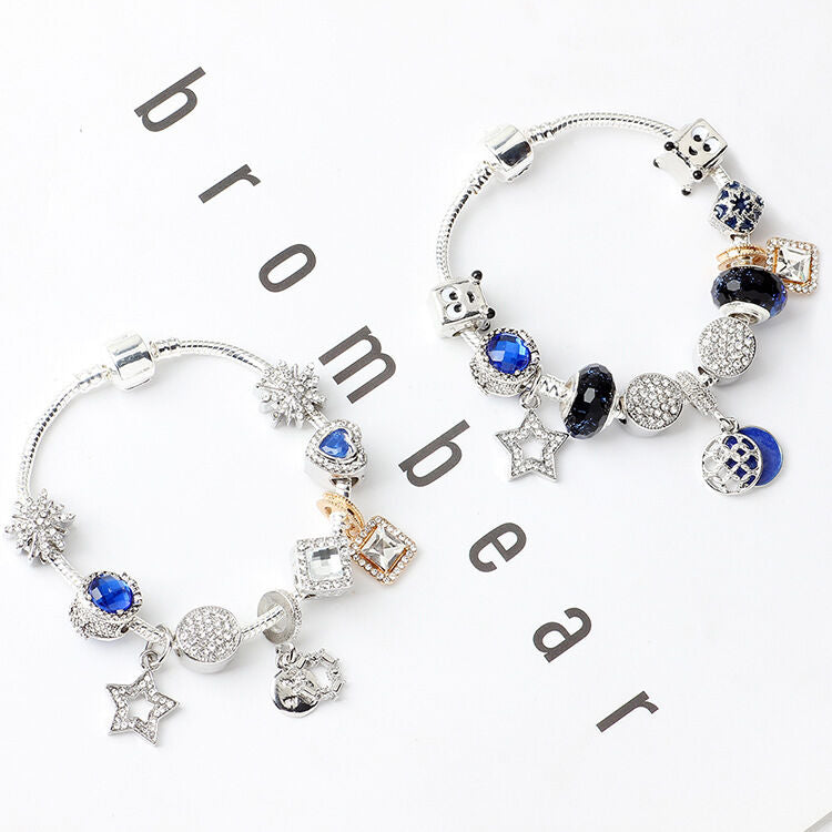 Fashion Charm Bracelet with Snowflake, Crystal, Rhinestone Beads & Hollow Star Zircon Pendant(19cm)