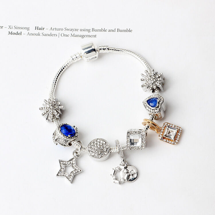 Fashion Charm Bracelet with Snowflake, Crystal, Rhinestone Beads & Hollow Star Zircon Pendant(19cm)