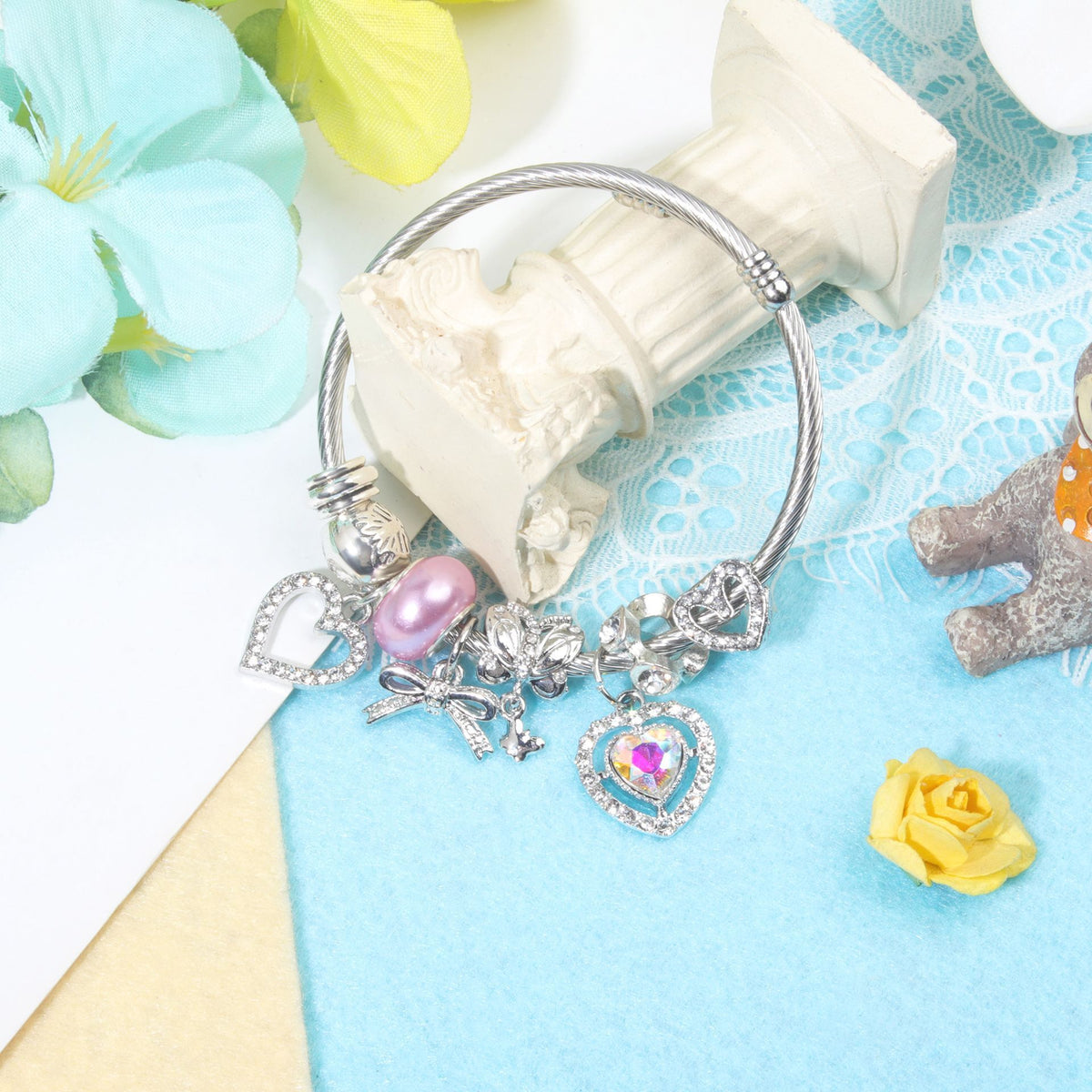 Cute Heart-shaped Beaded Bracelet with Rhinestones(17cm)