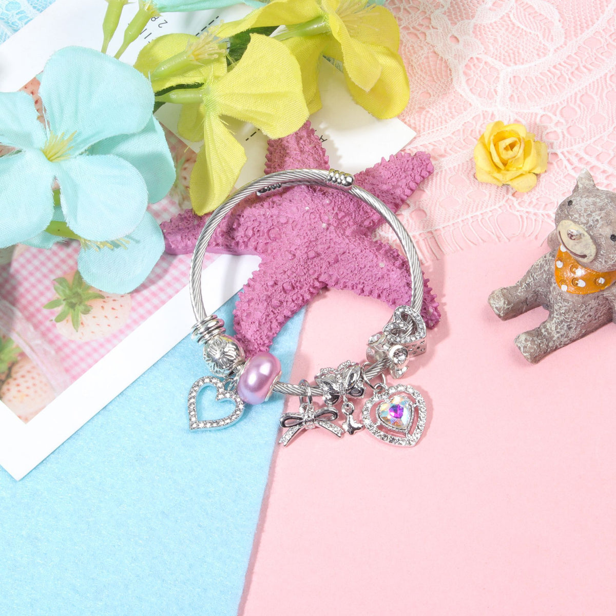 Cute Heart-shaped Beaded Bracelet with Rhinestones(20cm)