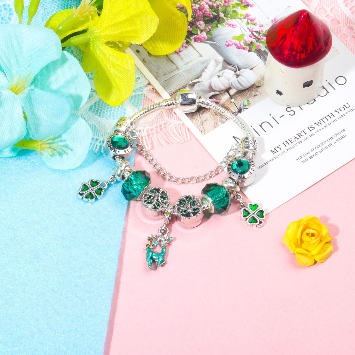 Colorful Cat Eye Glass Bead Clover Pendant Bracelet(17cm)