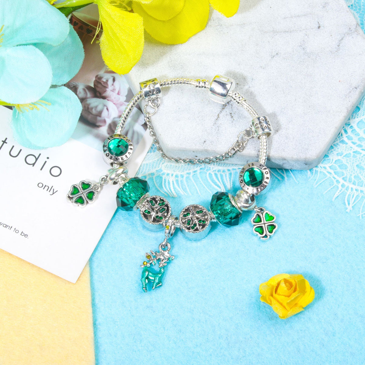 Colorful Cat Eye Glass Bead Clover Pendant Bracelet(20cm)