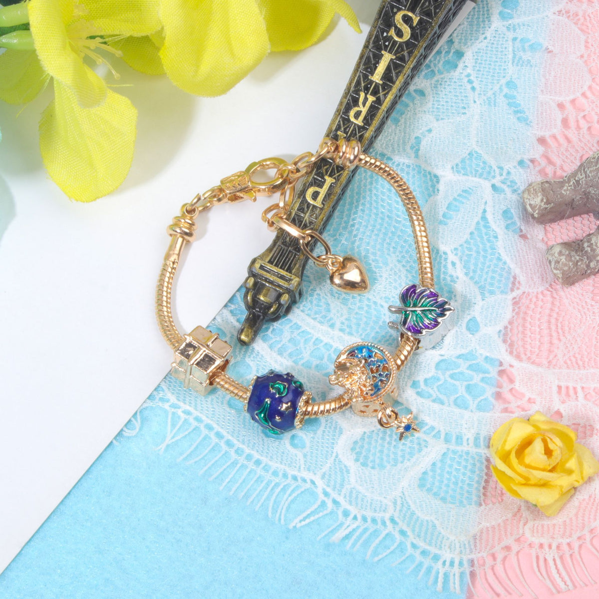 Colorful Leaf Moon Star Pendant Versatile Gold Bracelet(19cm)