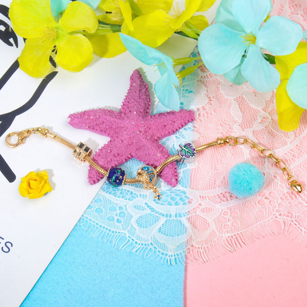 Colorful Leaf Moon Star Pendant Versatile Gold Bracelet(19cm)