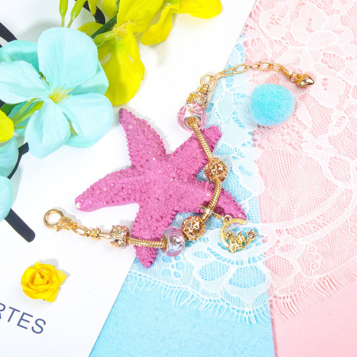 Sweet Style Crystal Rhinestone Gold Star Moon Pendant Cute Pink Bead Bracelet(16cm)
