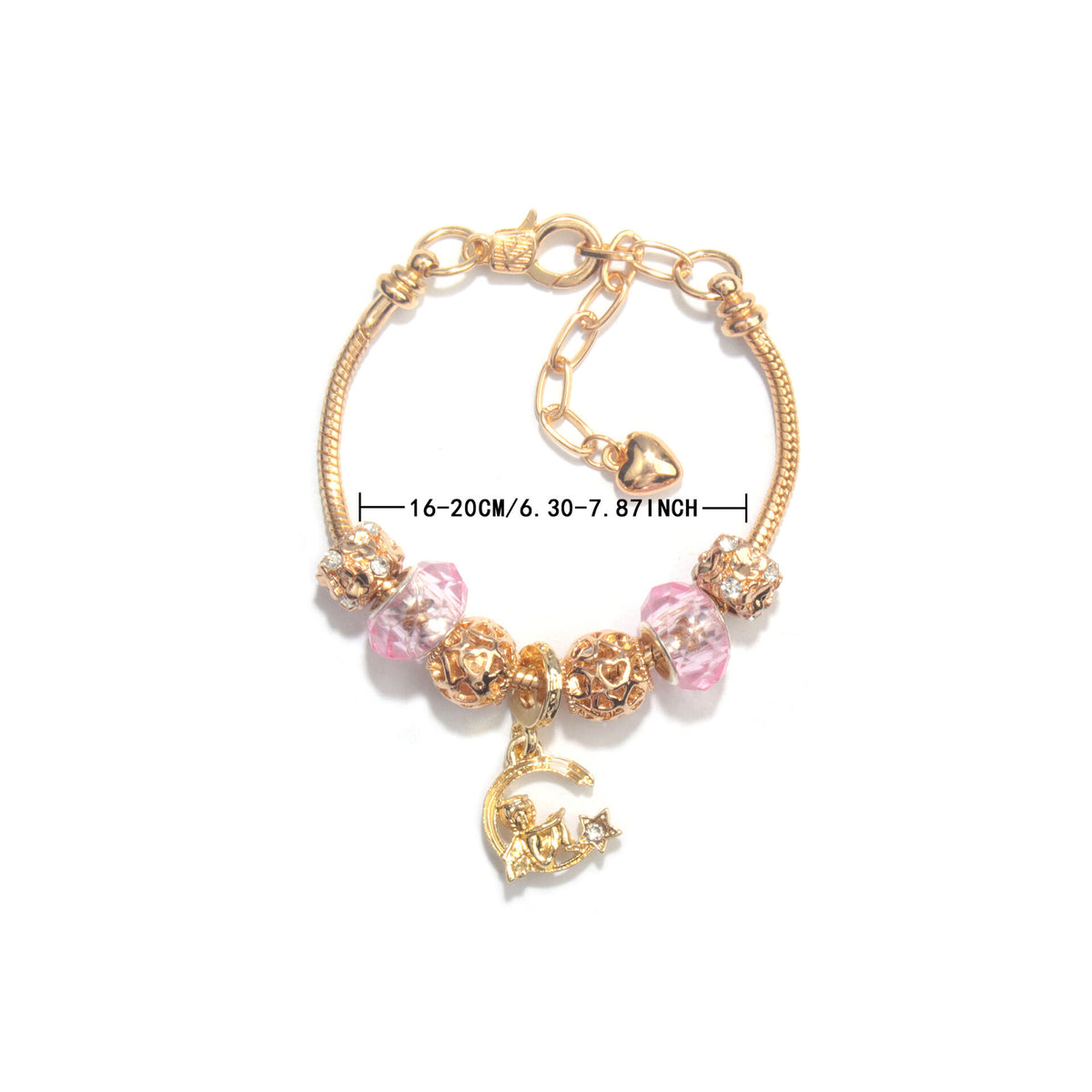 Sweet Style Crystal Rhinestone Gold Star Moon Pendant Cute Pink Bead Bracelet(16cm)