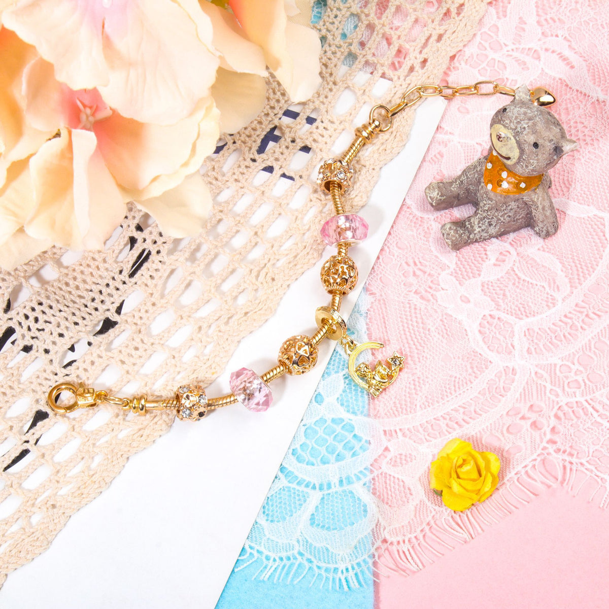 Sweet Style Crystal Rhinestone Gold Star Moon Pendant Cute Pink Bead Bracelet(19cm)