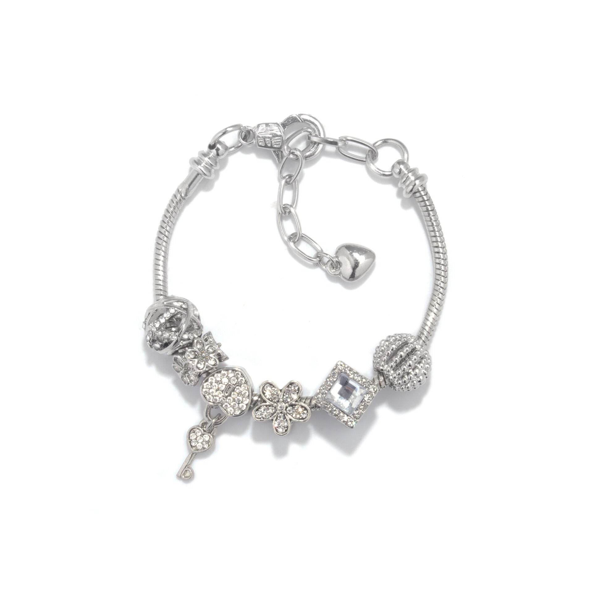 Adjustable Lobster Clasp Bracelet with Zircon Hollow Ball, Square, Flower & Heart Key Charms(21cm)