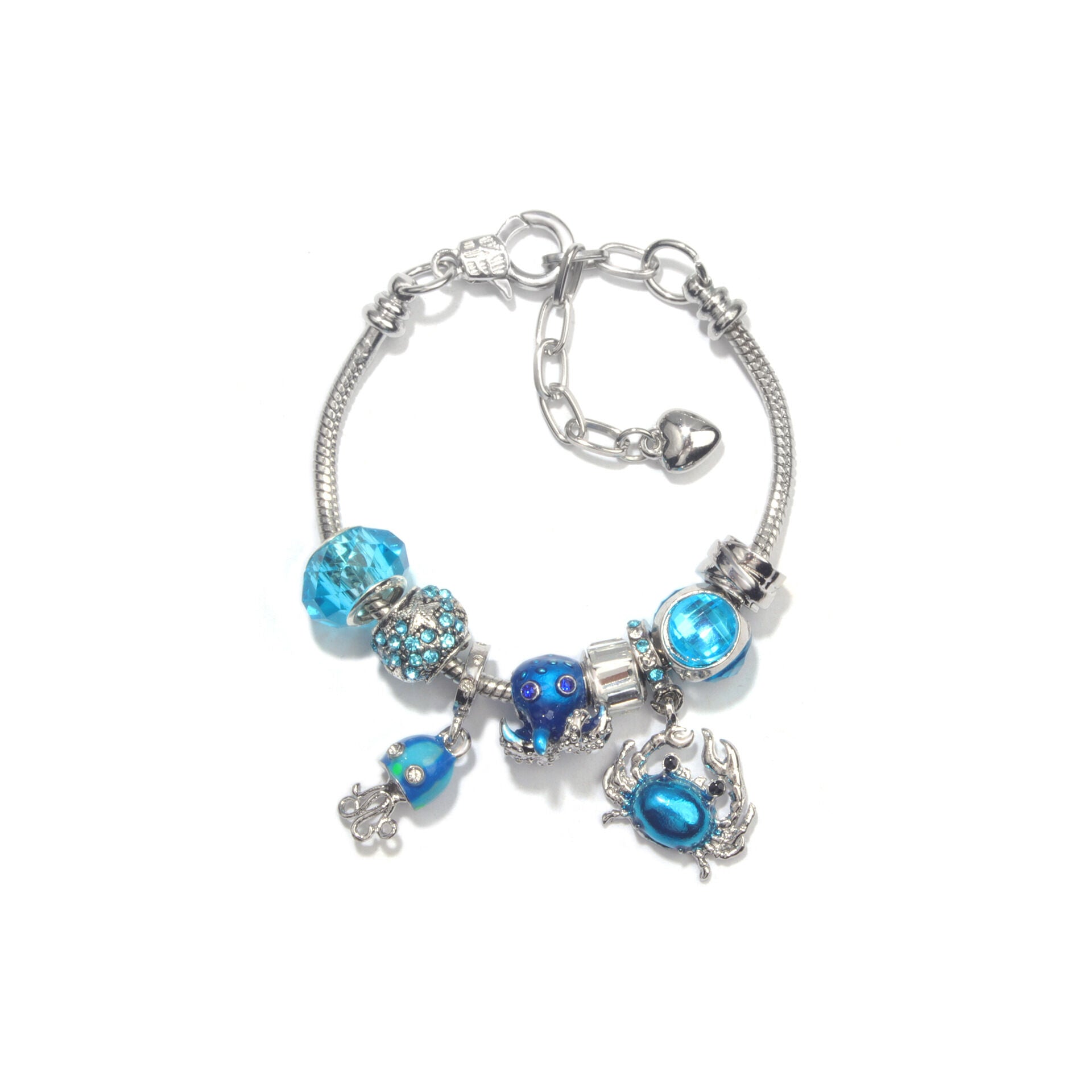 Cartoon Ocean Theme Bracelet with Octopus, Jellyfish, Crab Charms & Crystal Rhinestone Beads(16cm)