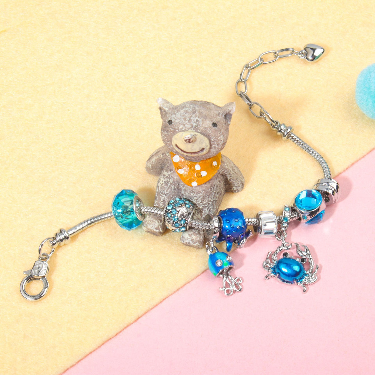Cartoon Ocean Theme Bracelet with Octopus, Jellyfish, Crab Charms & Crystal Rhinestone Beads(16cm)