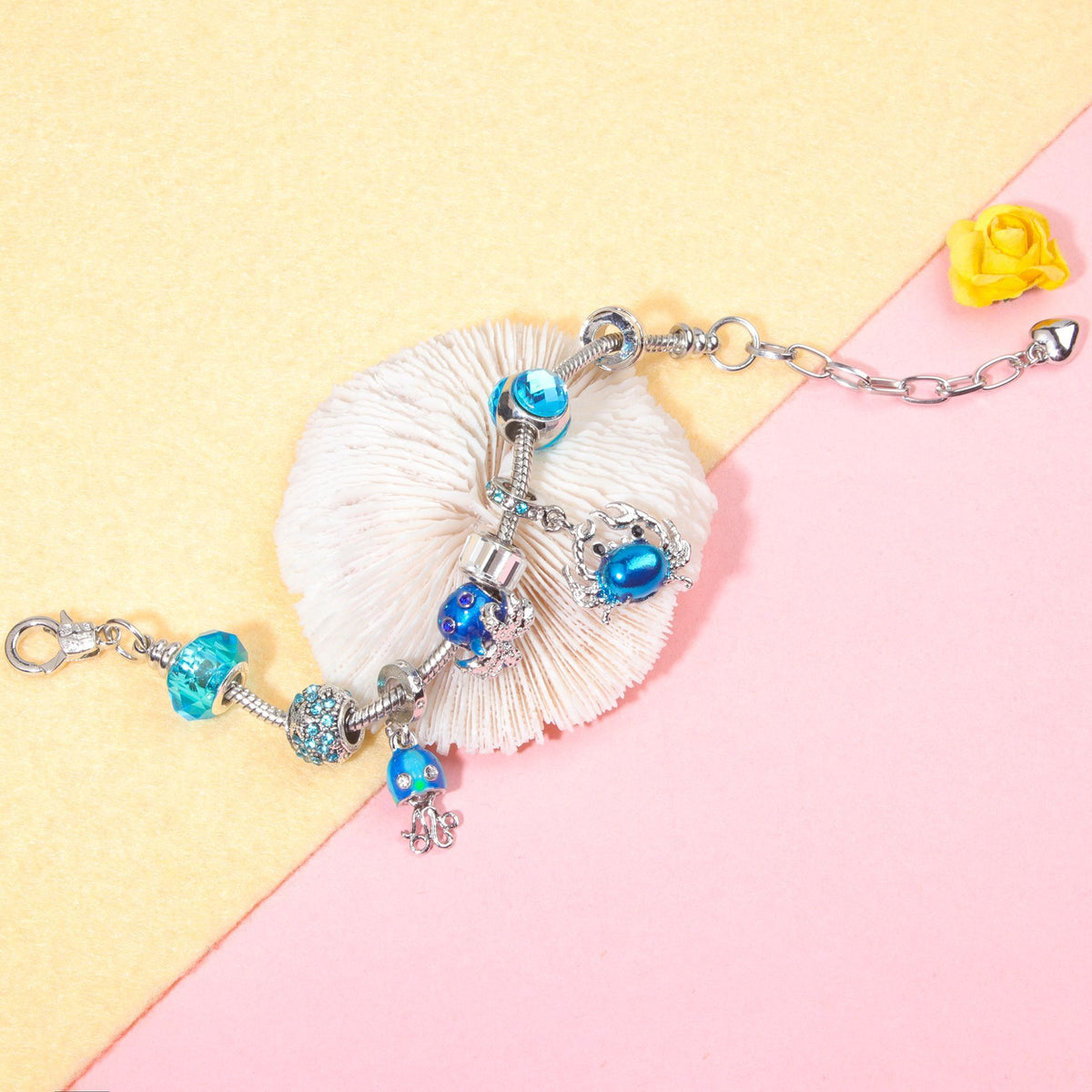 Cartoon Ocean Theme Bracelet with Octopus, Jellyfish, Crab Charms & Crystal Rhinestone Beads(17cm)