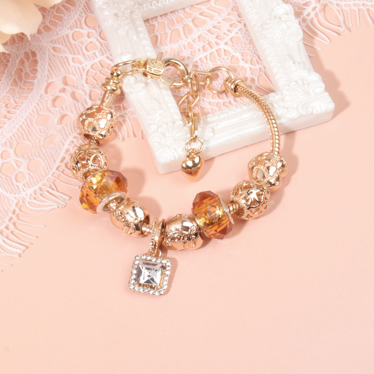 Golden Heart Zircon Hollow Bead Bracelet with Rhinestone Pendant(21cm)