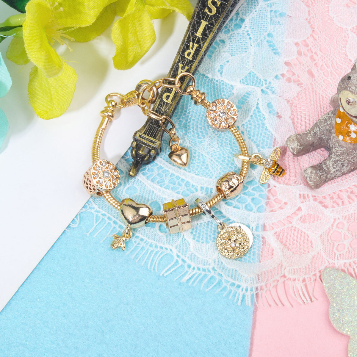 Golden Heart & Bee Charm Bracelet with Rhinestones, Hollow Flower & Gift Box Beads(18cm)