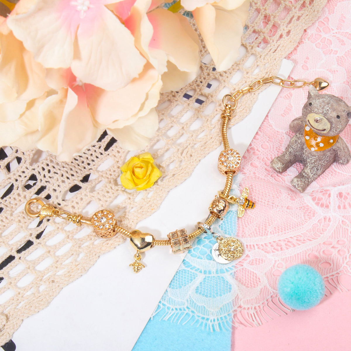 Golden Heart & Bee Charm Bracelet with Rhinestones, Hollow Flower & Gift Box Beads(19cm)