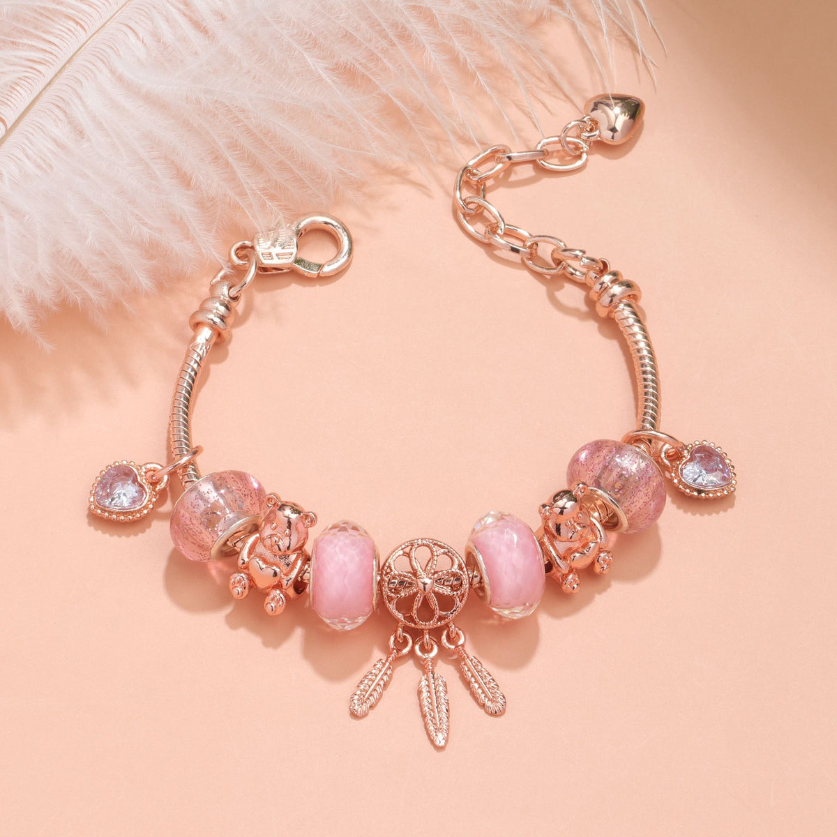 Rose Gold Charm Bracelet with Dreamcatcher & Bear Beads, Colorful Glass Beads Bracelet(18cm)