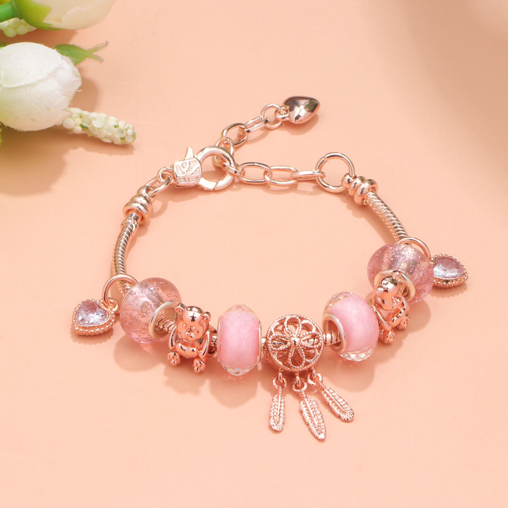 Rose Gold Charm Bracelet with Dreamcatcher & Bear Beads, Colorful Glass Beads Bracelet(19cm)