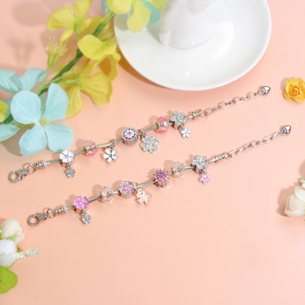 Chic Camellia Bead Charm DIY Bracelet with Crystal(pink flower-21cm)