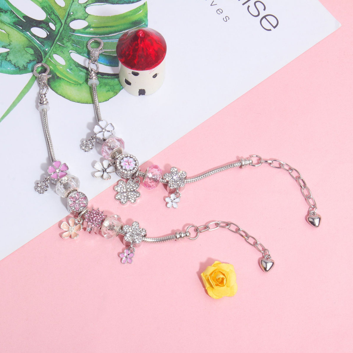 Chic Camellia Bead Charm DIY Bracelet with Crystal(pink flower-21cm)
