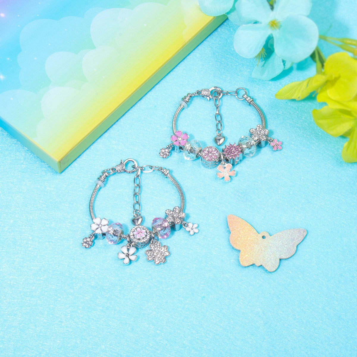 Chic Camellia Bead Charm DIY Bracelet with Crystal(pink flower-21cm)