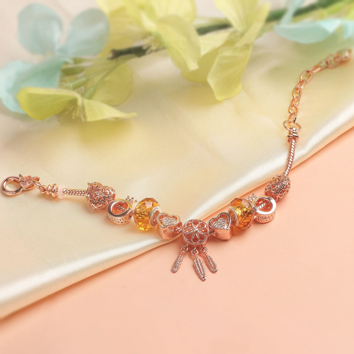 Rose Gold Plated Charm Bracelet with Zircon, Hollow Heart, Flower, Crown & Glass Beads(16cm)