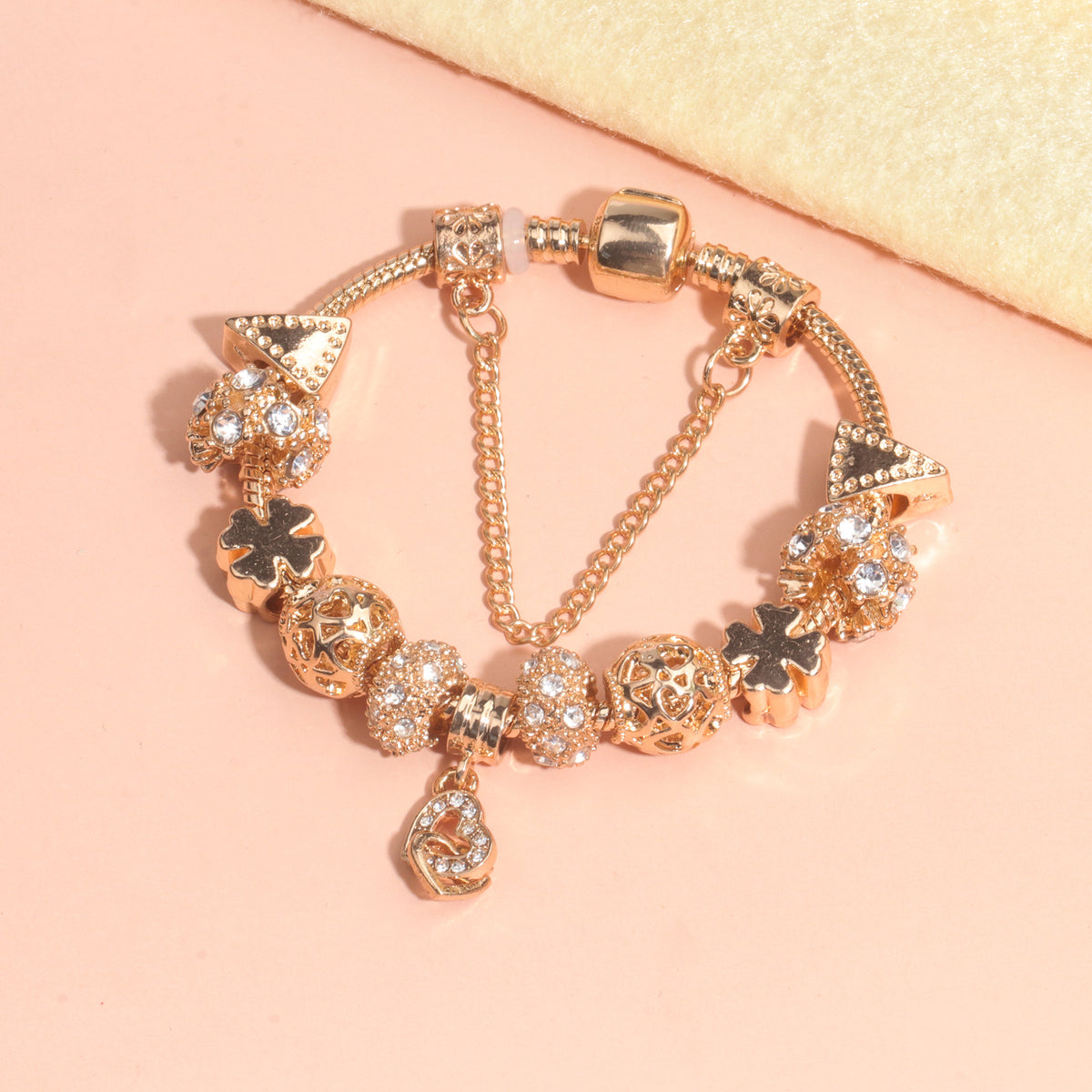 Rose Gold Crystal Charm Bracelet with Clover, Heart, Triangle Beads & Heart Pendant(17cm)