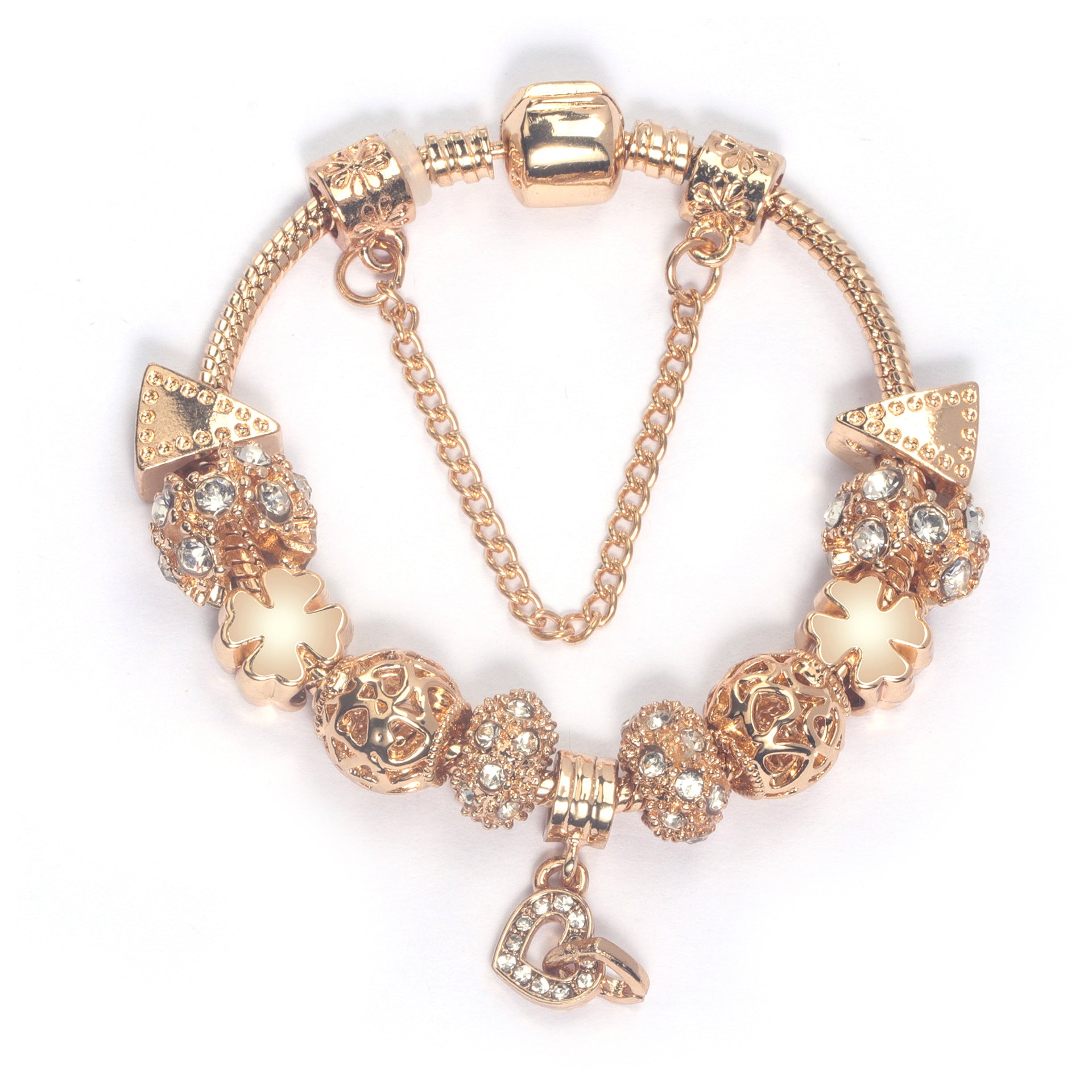 Rose Gold Crystal Charm Bracelet with Clover, Heart, Triangle Beads & Heart Pendant(18cm)