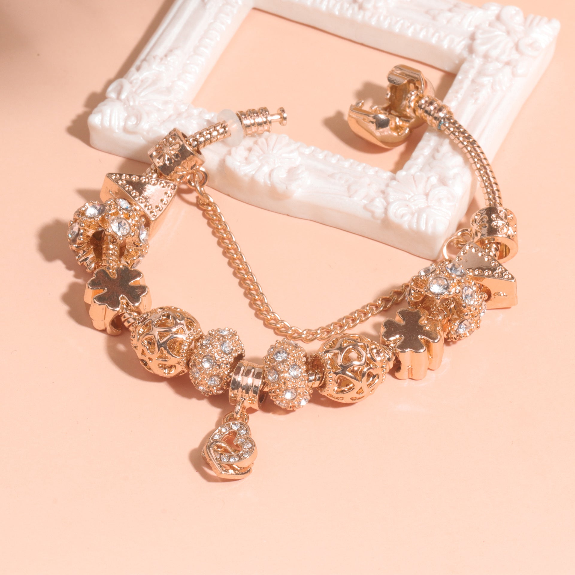 Rose Gold Crystal Charm Bracelet with Clover, Heart, Triangle Beads & Heart Pendant(18cm)