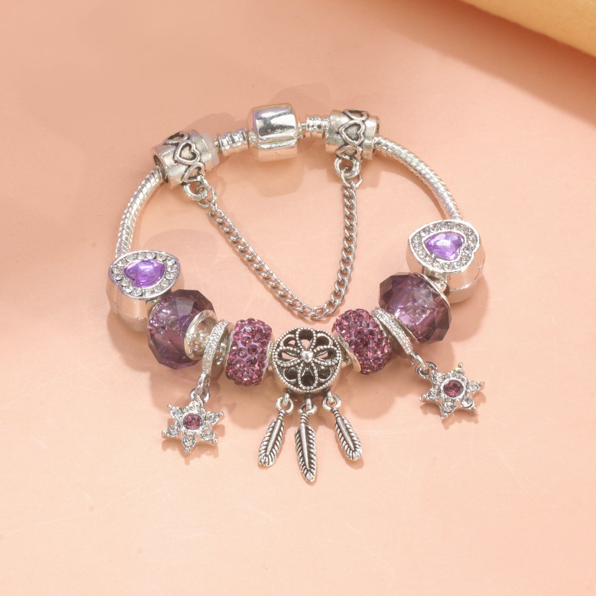 Purple Crystal Beaded Charm Bracelet with Star & Dreamcatcher Pendant, Rhinestone-Embedded DIY Alloy Bracelet(17cm)