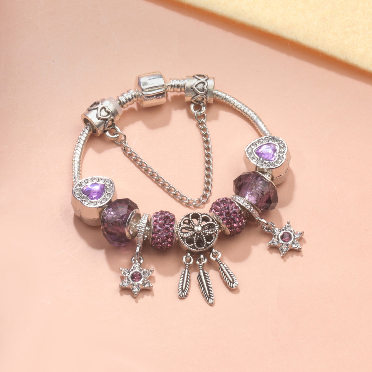 Purple Crystal Beaded Charm Bracelet with Star & Dreamcatcher Pendant, Rhinestone-Embedded DIY Alloy Bracelet(18cm)