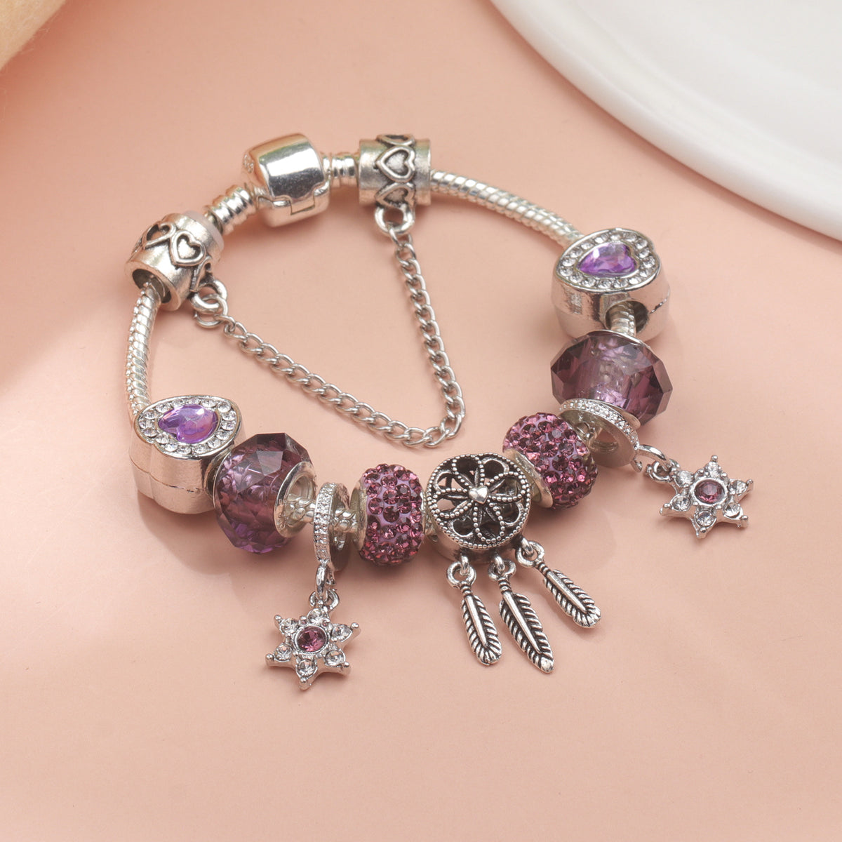 Purple Crystal Beaded Charm Bracelet with Star & Dreamcatcher Pendant, Rhinestone-Embedded DIY Alloy Bracelet(18cm)