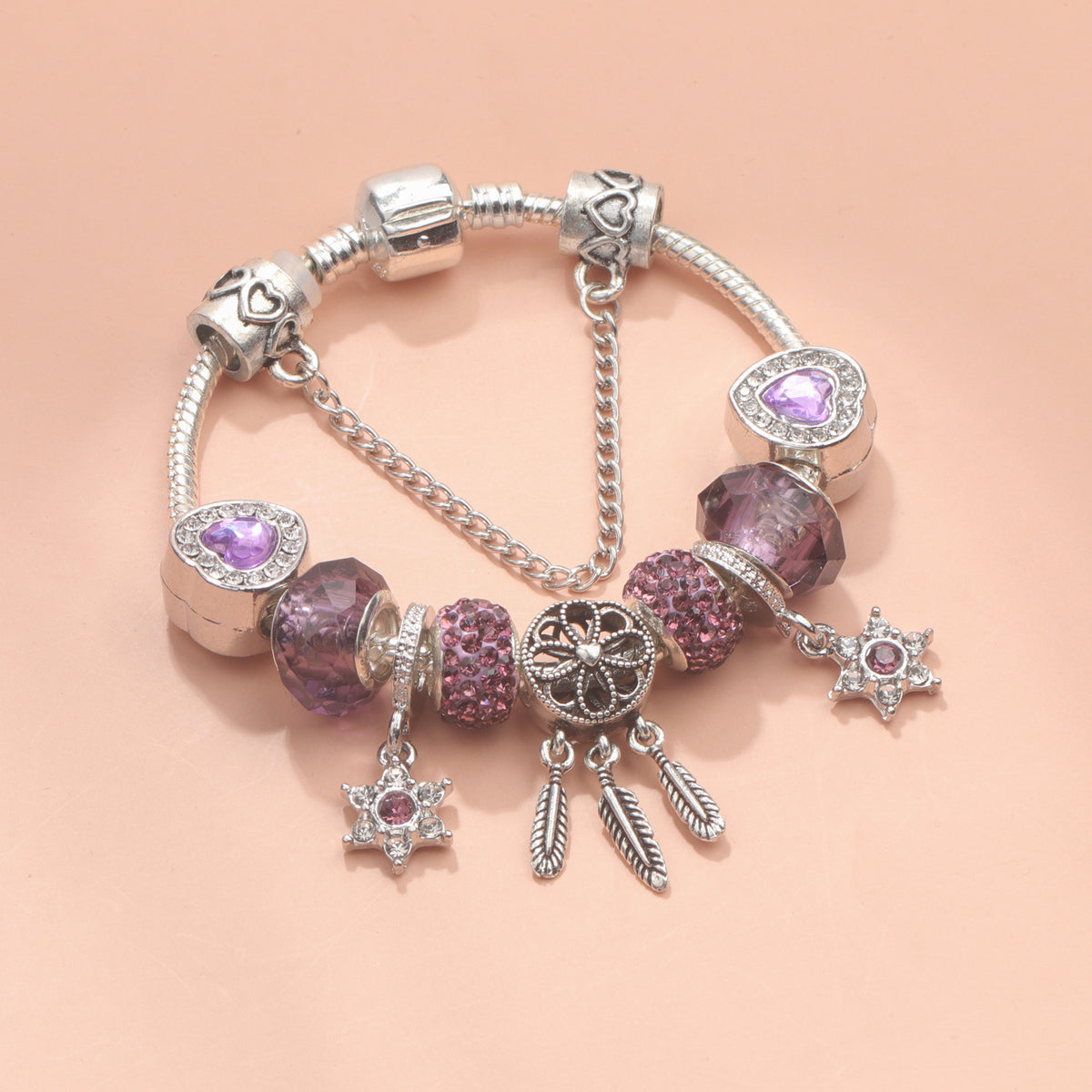 Purple Crystal Beaded Charm Bracelet with Star & Dreamcatcher Pendant, Rhinestone-Embedded DIY Alloy Bracelet(20cm)