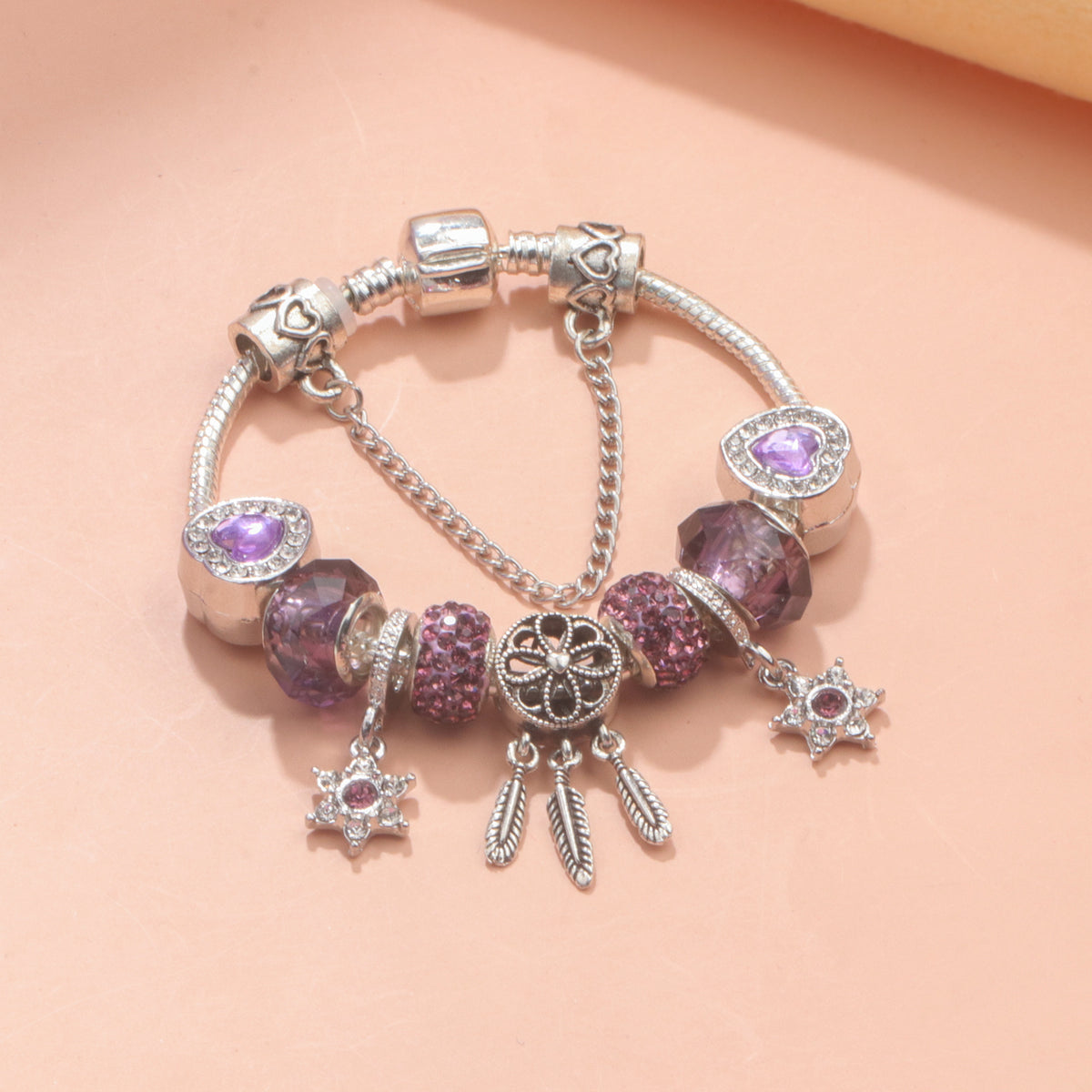 Purple Crystal Beaded Charm Bracelet with Star & Dreamcatcher Pendant, Rhinestone-Embedded DIY Alloy Bracelet(20cm)