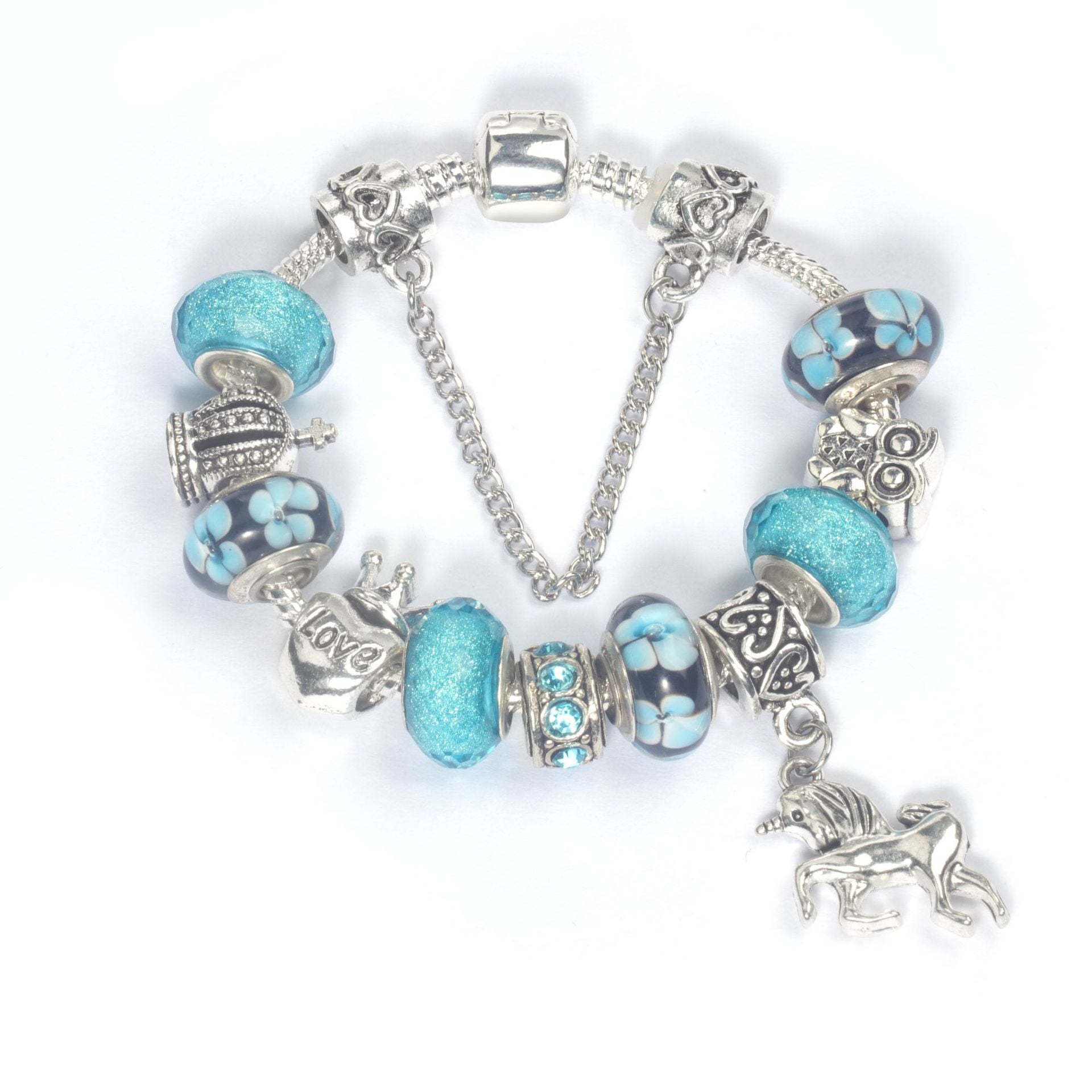 Vintage Water Glass Rhinestone Heart Crown Beaded Unicorn Pendant DIY Bracelet(17cm)