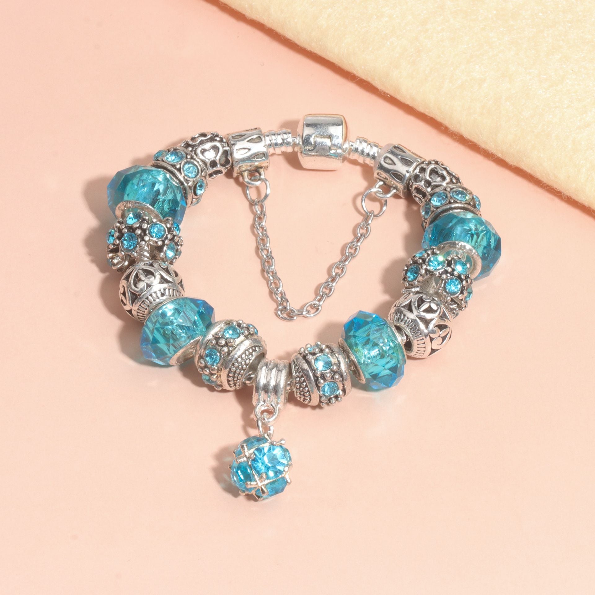 Ethnic Crystal Bead DIY Bracelet blue Alloy Electroplated Big Bead Bracelet(19cm)