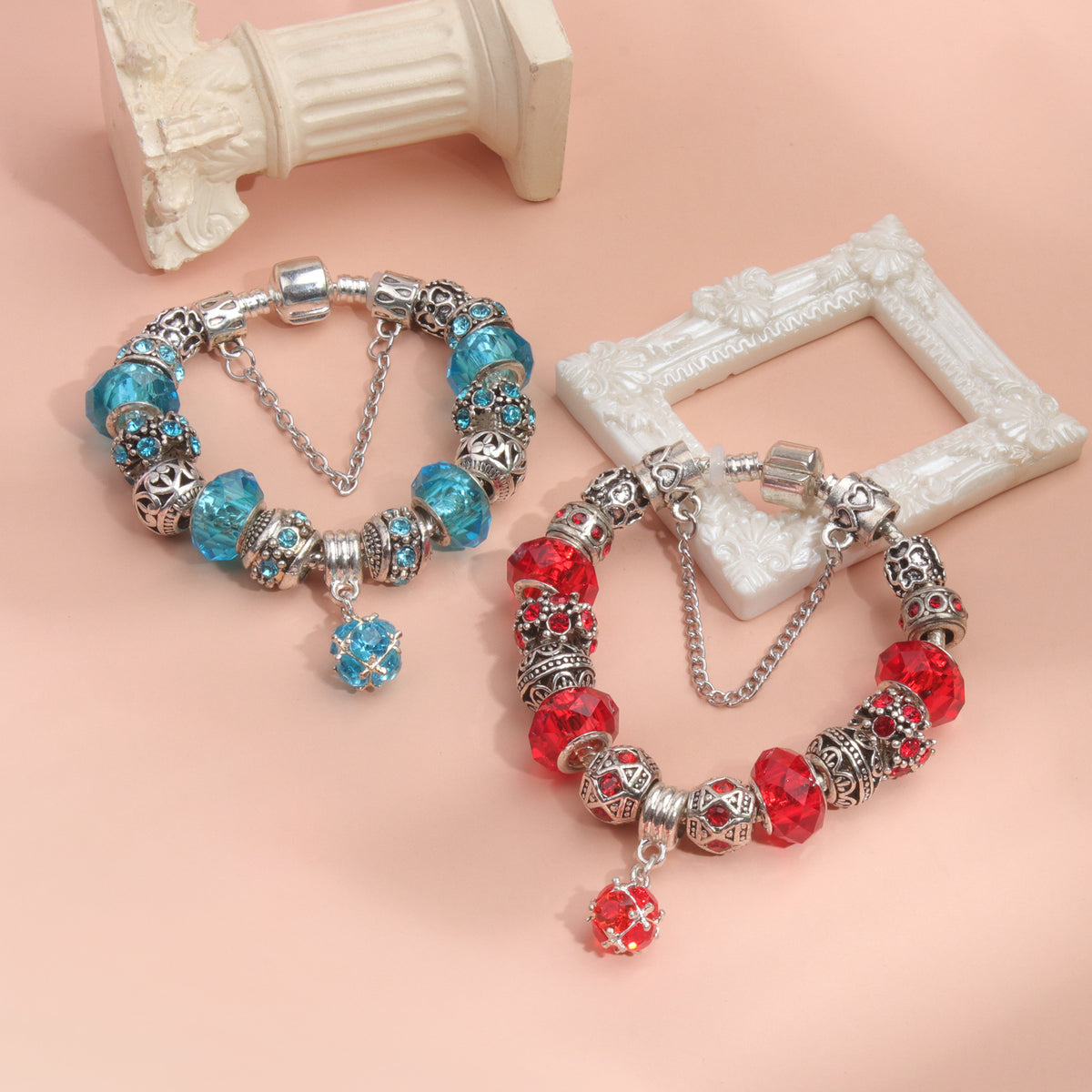 Ethnic Crystal Bead DIY Bracelet blue Alloy Electroplated Big Bead Bracelet(19cm)