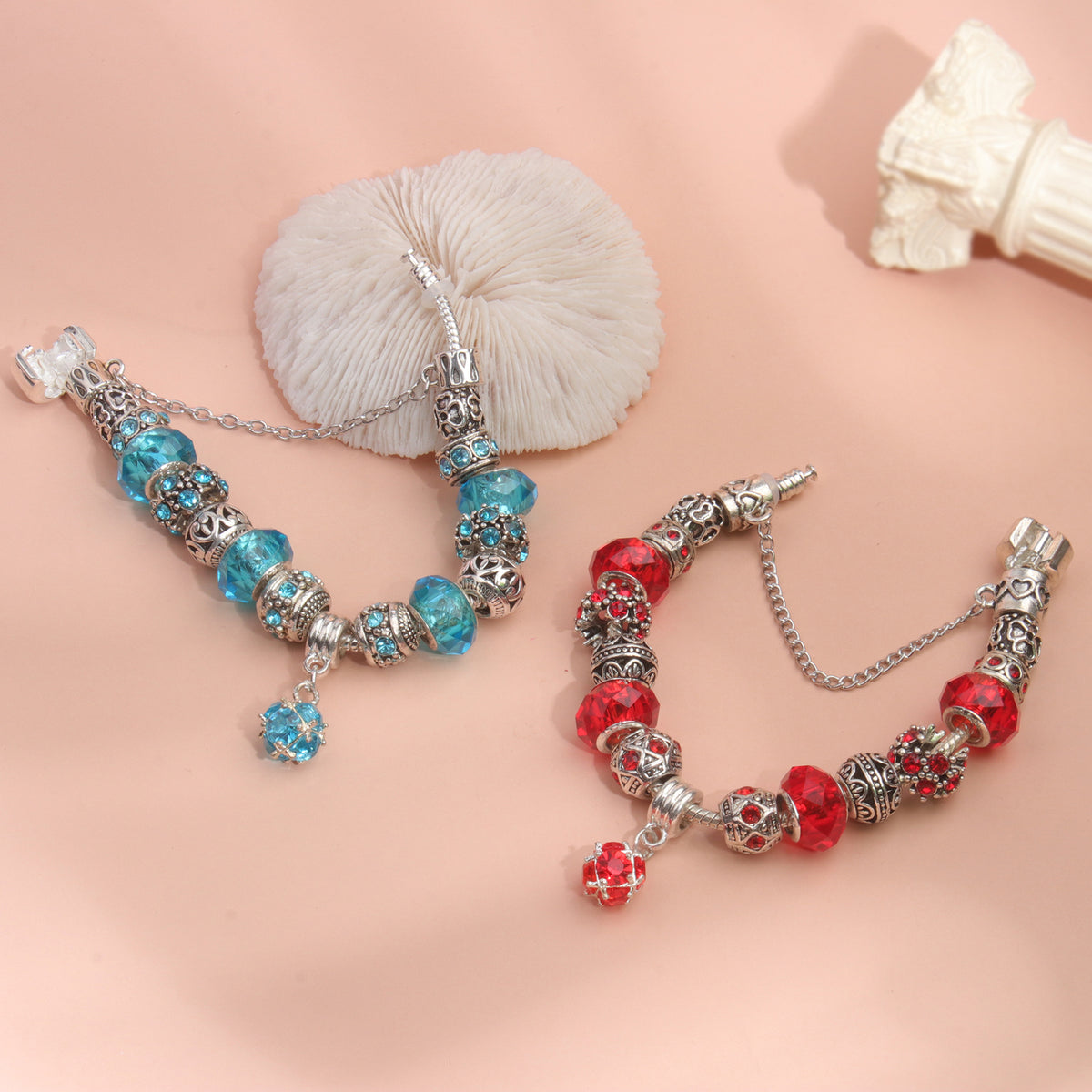 Ethnic Crystal Bead DIY Bracelet blue Alloy Electroplated Big Bead Bracelet(19cm)