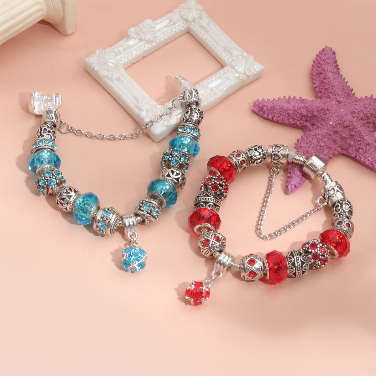Ethnic Crystal Bead DIY Bracelet blue Alloy Electroplated Big Bead Bracelet(20cm)