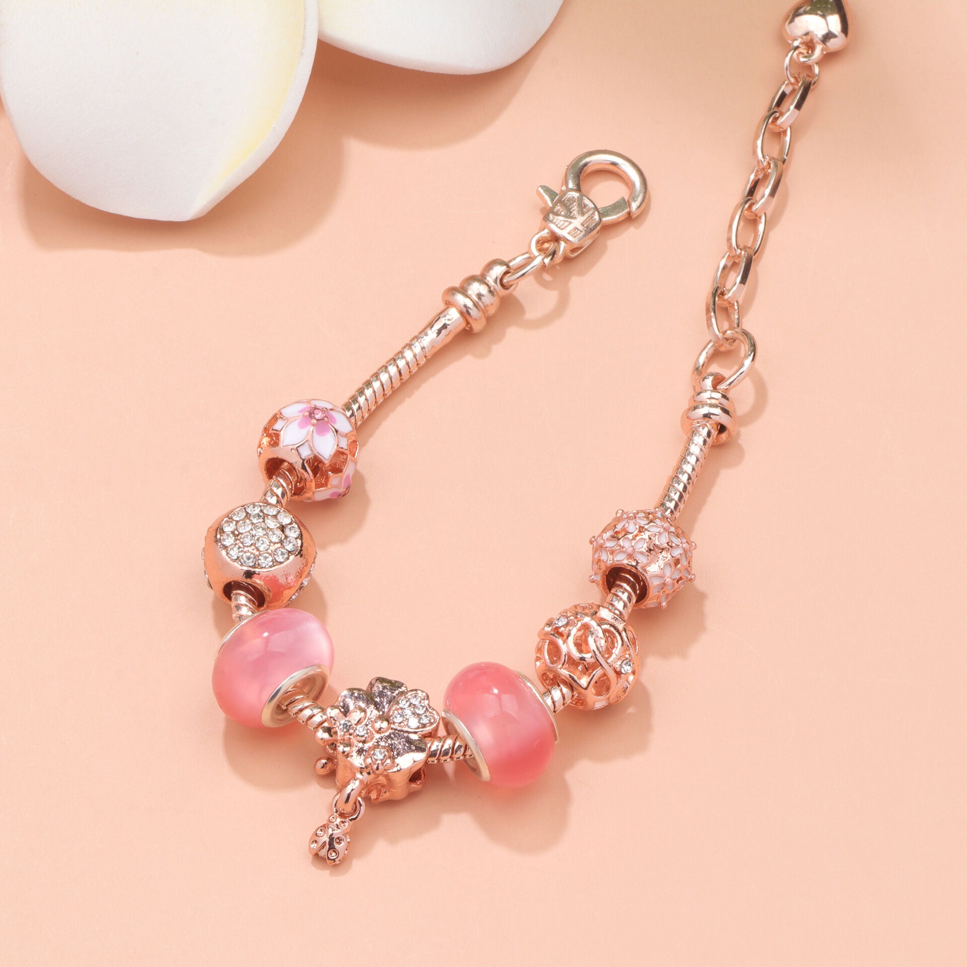 Rose Gold Beaded Bracelet with Floral & Zircon Accents(18cm)